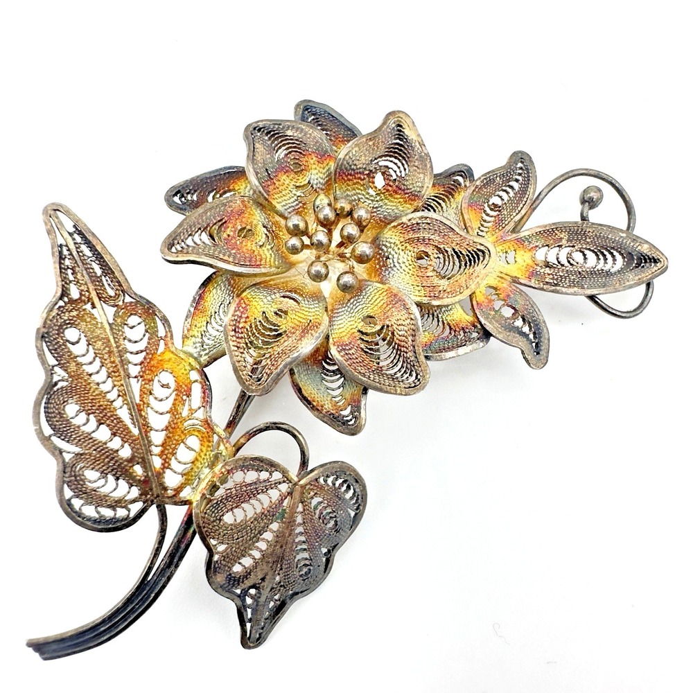 Vtg Antique Sterling Silver Brooch Pin Old Filigree‎ Spun Silver Rainbow Patina
